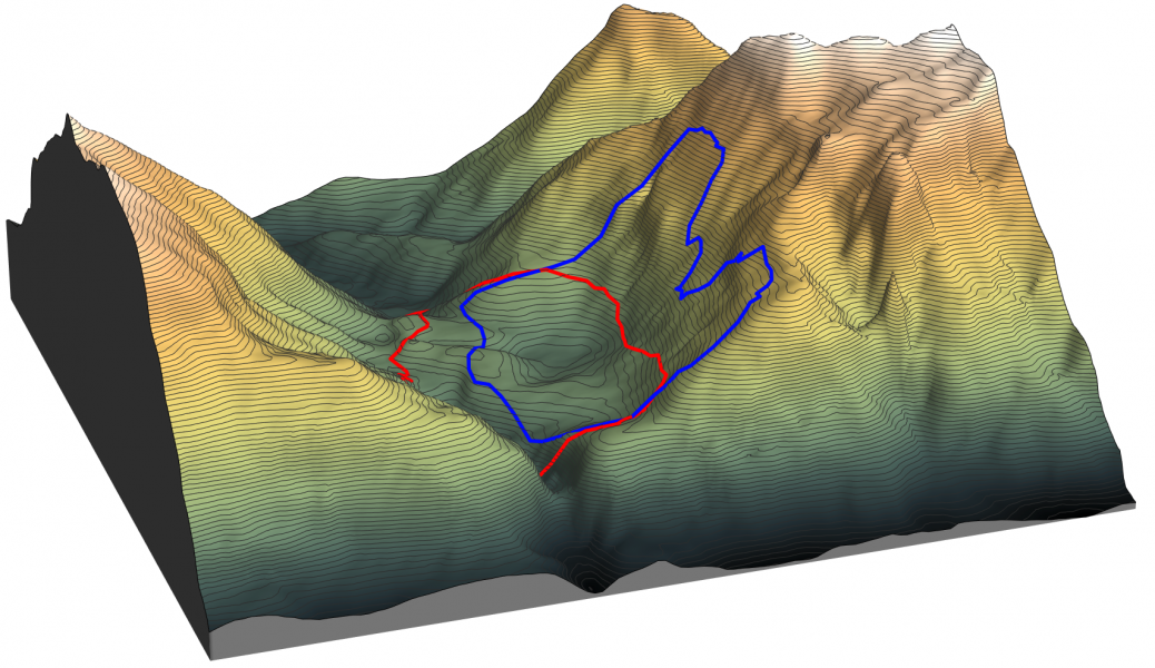 3D view of the topography of the Vajont landslide. In blue is plotted the limit of the sliding surface and in red, the limit of the final deposits